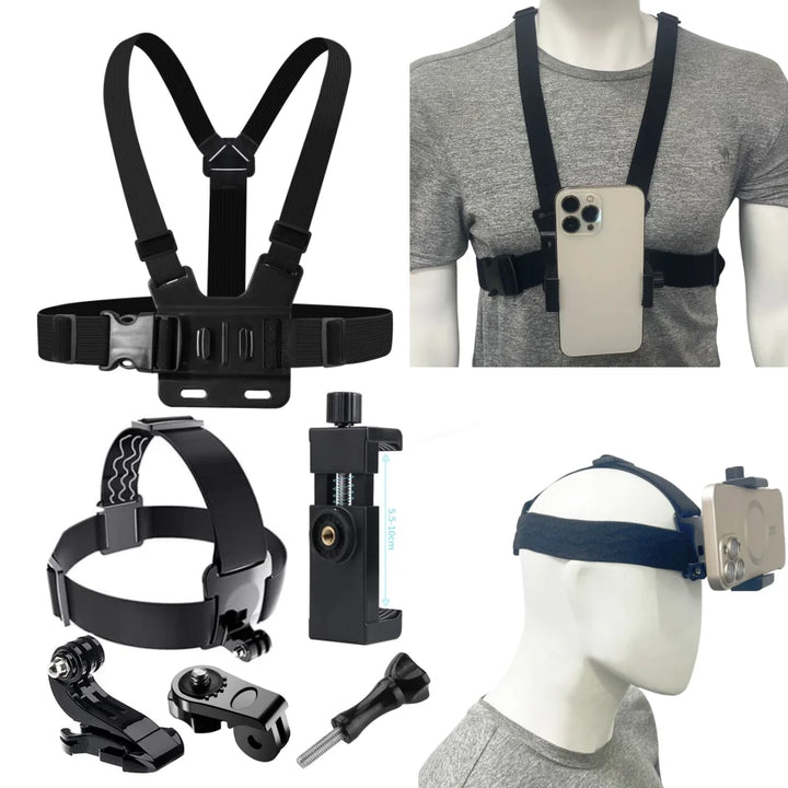 All-in-One 6pcs Action Camera Kit Head Strap Chest Strap